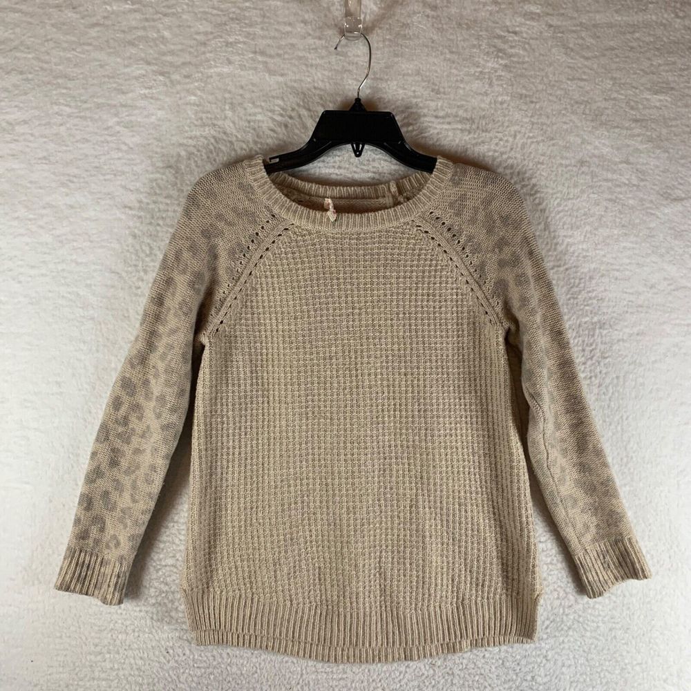 Rebecca Taylor‎ Women's Leopard Print Waffle-Knit Wool Cashmere Beige Sweater